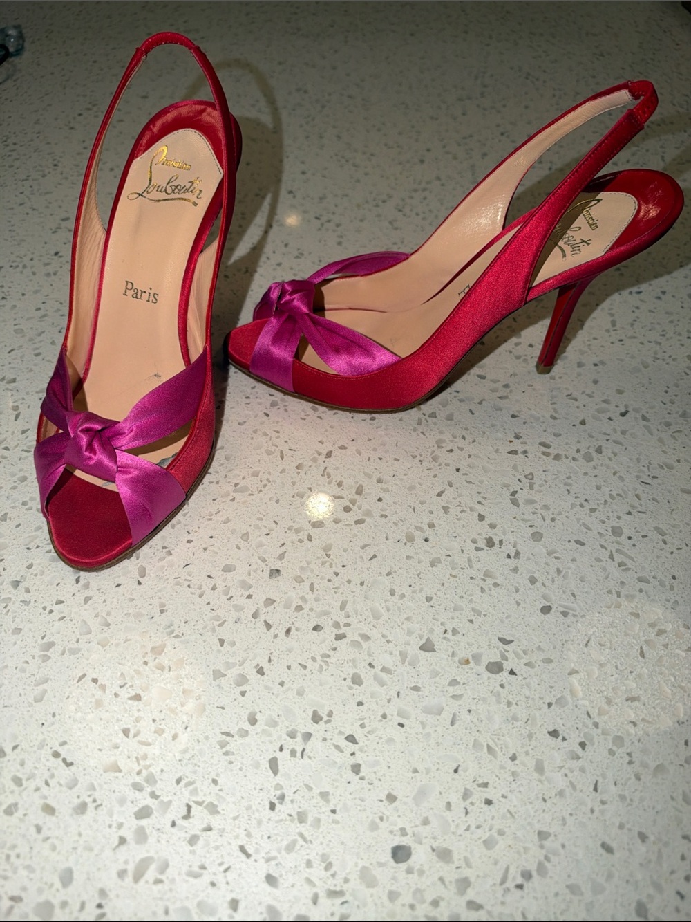 Christian Louboutin Red and Fuchsia Satin Peep-Toe Slingbacks
